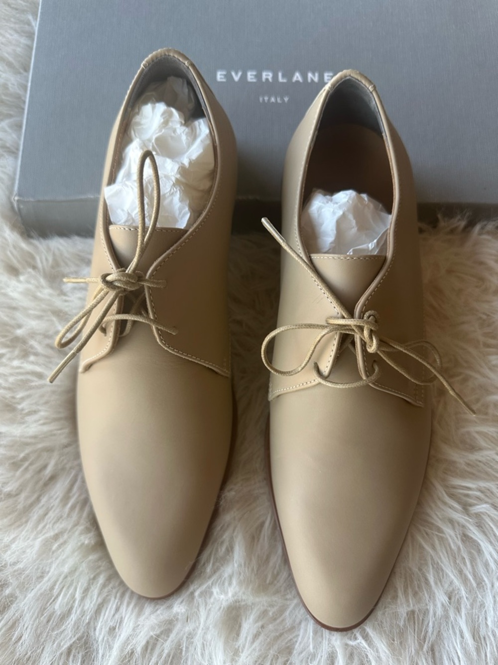 Everlane Women's modern Oxford Beige Leather Lace-Up Flats made in Italy 8